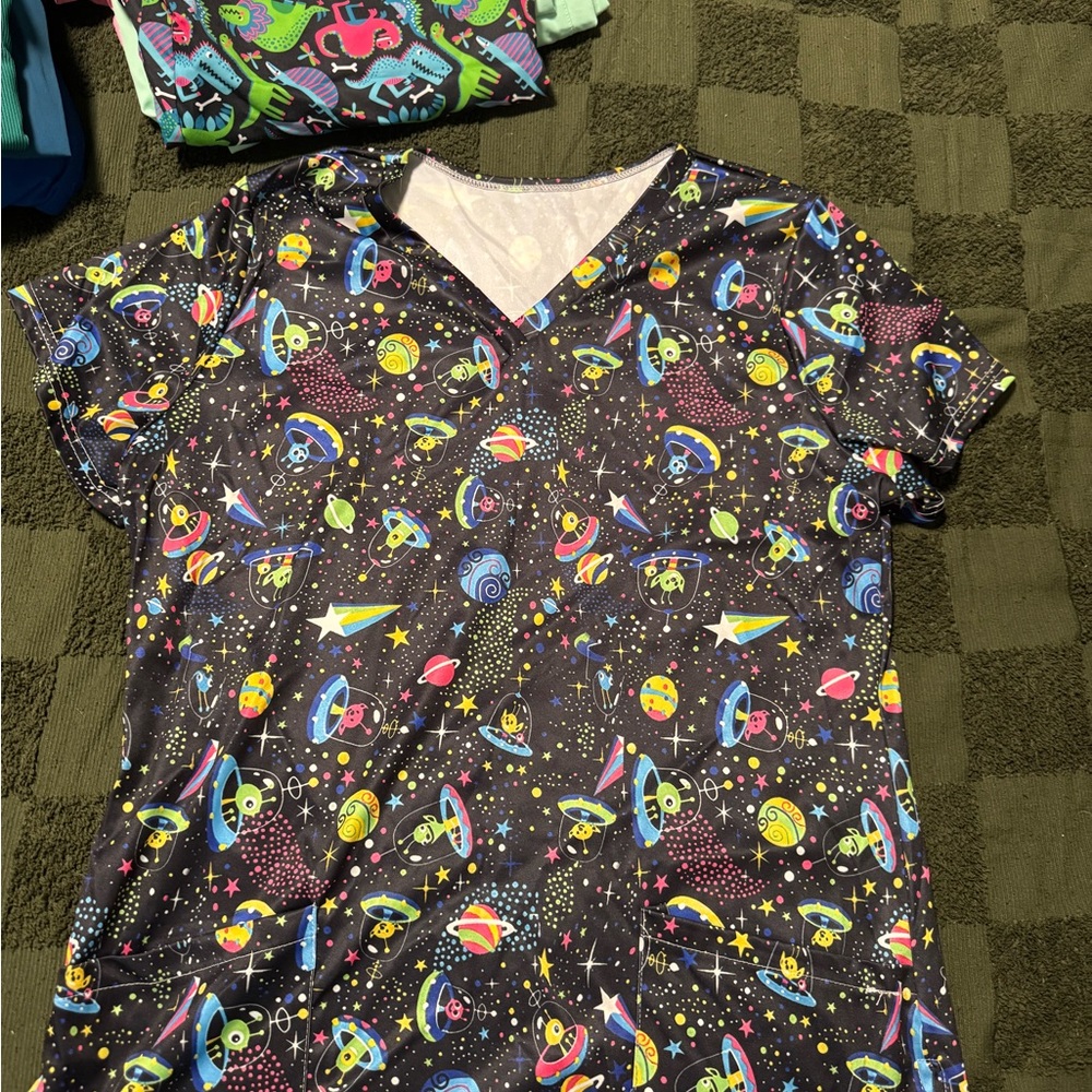 Colorful Space-Themed Scrub Top